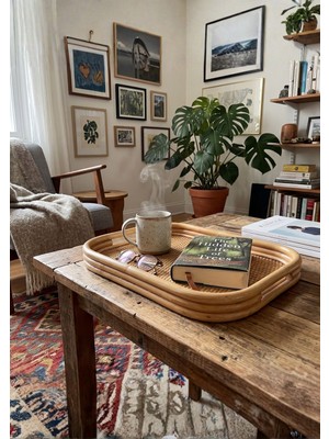 Lessio Home Coff Doğal Rattan Dikdörtgen Sunum Tepsisi - El Yapımı Boho Dekoratif Tepsi