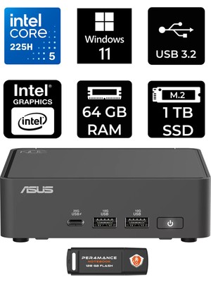 Asus Nuc 15 Pro Slim Intel Core Ultra 5 225H 64GB 1tb SSD W11H Mini Masaüstü Bilgisayar & Per4 USB Bellek RNUC15CRKU500002P362