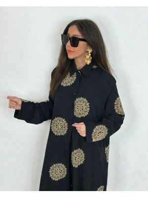 Madame Melek Glow Nakışlı Kimono Takın Uzun Maxi Boy Gömlek Pantolonlu Takım