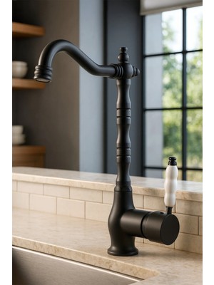 Kustar Siyah Rustik Porselen Kollu Aç Kapa Mutfak Eviye Bataryası