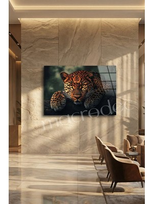 Macrodec Vahşi Asalet Leopar Portresi Cam Tablo - 4mm Temperli Kırılmaz Cam Duvar Dekoru