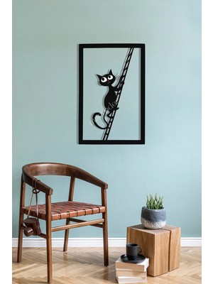 Macrodec Cat On A Ladder Merdivendeki Kedi Metal Tablo - Modern Çerçeveli Kedi Duvar Dekoru