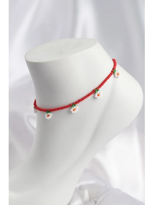 Luord-Store Kırmızı Renk Boncuklu Papatya Motifli Halhal