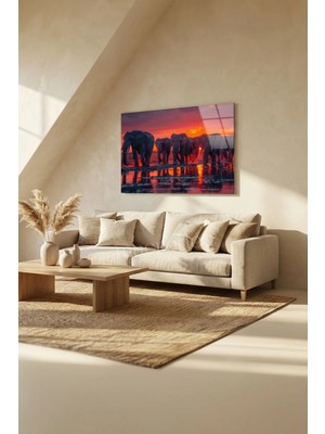 Macrodec Gün Batımı Fil Geçidi Cam Tablo - 4mm Temperli Kırılmaz Cam Duvar Dekoru