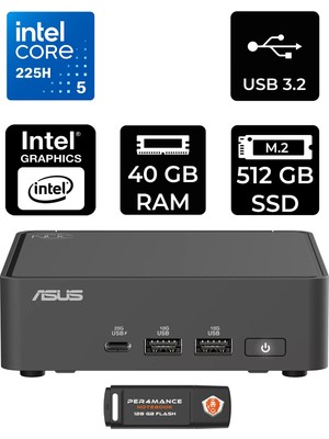 Asus Nuc 15 Pro Slim Intel Core Ultra 5 225H 40GB 512GB SSD Fdos Mini Masaüstü Bilgisayar & Per4 USB Bellek RNUC15CRKU500002P317