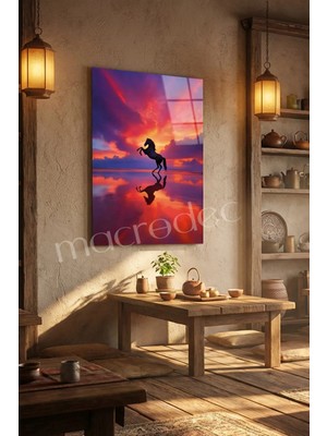 Macrodec Golden Sunset Horse Şahlanan At Cam Tablo - 4mm Temperli Kırılmaz Cam Duvar Dekoru