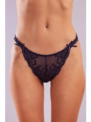 bebekokusu Giselle Mini String, Kadın Güpürlü Saten Mor String Külot