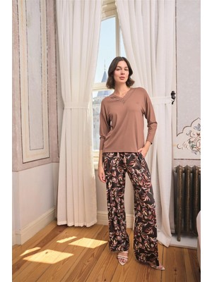 Pileli Store Pilelistore Yaprak Desenli Dantelli V Yaka Büyük Beden Pijama Takımı