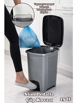 PremiumPort Slim Siyah Pedallı Metalize Çöp Kovası 15 Litre