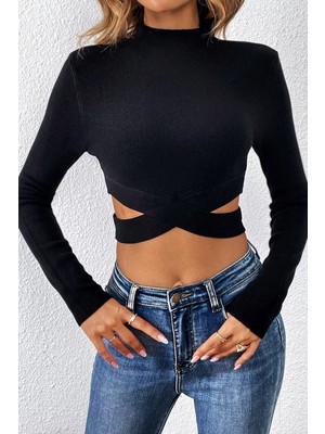 Modenya Kadın Siyah Çapraz Bel Detaylı Dik Yaka Uzun Kol Crop Top Bluz