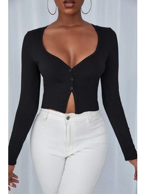 Modenya Kadın Siyah Uzun Kollu Düğmeli Göğüs ve Göbek Dekolteli Crop Top Bluz