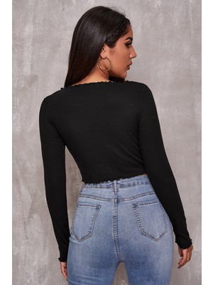 Modenya Kadın Siyah Uzun Kollu Büzdürme Bağcık Detaylı Crop Top Bluz