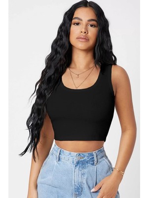 Modenya Kadın Siyah Kare Yaka Crop Top Bluz