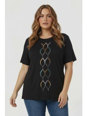 Rmg Taşlı Büyük Beden Tişört Siyah