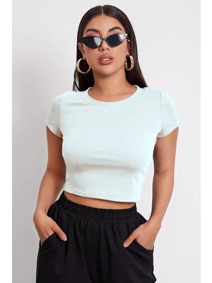 Modenya Kadın Beyaz Yuvarlak Yaka Yarım Kol Crop Top Bluz