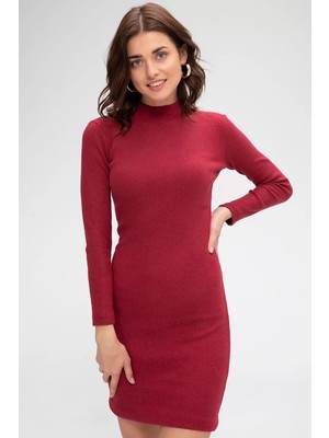 Modenya Kadın Bordo Kaşkorse Balıkçı Yaka Uzun Kollu Bodycon Mini Elbise