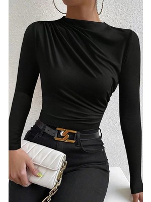 Modenya Kadın Siyah Belden ve Boyundan Büzgü Detaylı Uzun Kollu Bluz