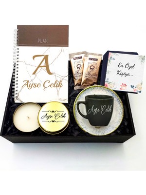 As Gift Kişiye Özel Defter & Yeşil Fincan & Gold Metal Kutulu Mum & Türk Kahvesi Hediye Seti