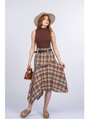 MissVina Valmora Keten Kumaş Kemerli Ekose Etek