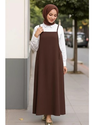 Modenya Kadın Acı Kahverengi Basic Ayarlanabilir Askılı Jile Elbise