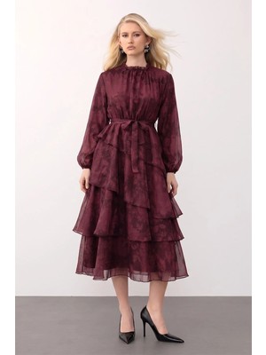 Olcay Çiçek Desenli Volanlı Kat Kat Şifon Elbise Bordo 9462-E