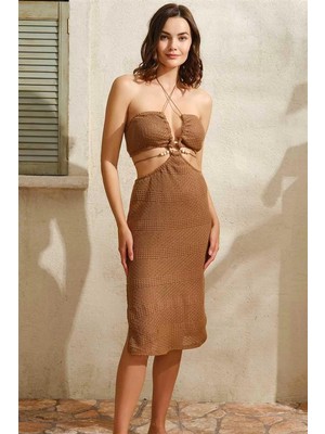 Modenya Ip Askılı V Yaka Kadın Düz Yazlık Uzun Boncuk Detaylı Elbise