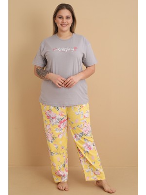 Wordex Mirano 4500 Kısa Kollu Çiçekli Süprem Kumaş Büyük Beden Kadın Pijama Takımı
