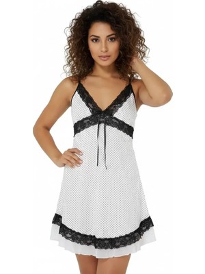 Modenya Beyaz Puantiyeli Gecelik ve Külot Takımı