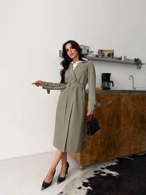 Comstar Kadın Klasik Cepli Kuşaklı Trend Midi Haki Trençkot