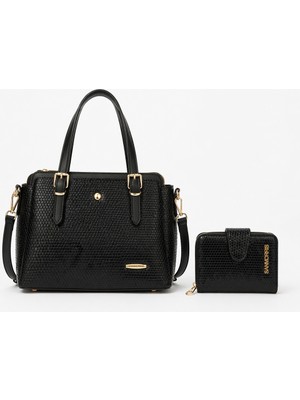 Sanmorris Kadın Uzun Askılı 4 Bölmeli Gold Aksesuarlı Omuz Çantası, Cüzdan Seti