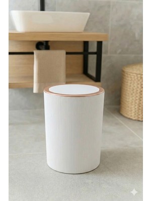 PremiumPort Şık Beyaz Çizgili 5l Yuvarlak Banyo ve Ofis Çöp Kutusu