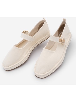 Marjin Kadın Mary Jane Keten Bantlı Keten Jüt Espadril Babet Kalze Ekru Keten