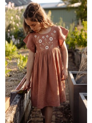 Cigit Çiçek Nakışlı Kelebek Kol Elbise 2-8 Yaş Açık Kahve
