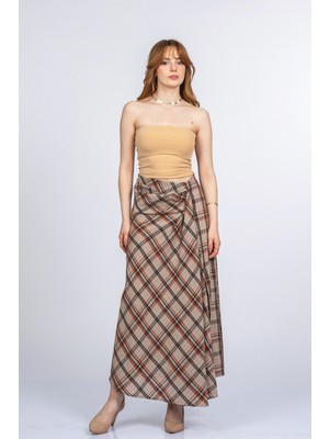 MissVina Elviera Düşük Bel Ekose Desen Keten Etek