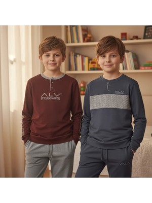 Bonbon Genç Erkek Pamuklu Yakası Düğmeli Uzun Kollu Cepli Hediyelik 2 Adet 2'li Alt Üst Pijama Takımı AL002 V2, AL003 V1 BB2460