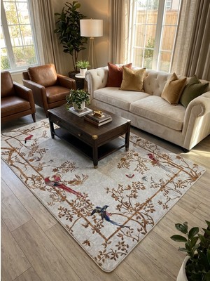 Brillant Gri- Nakış Işleme Görünümlü Kuşlu Lateks Taban Yolluk Halı