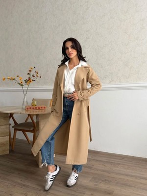 Comstar Kadın Klasik Cepli Kuşaklı Trend Midi Taba Trençkot