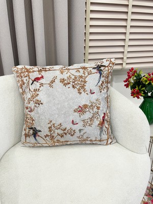 Brillant Gri- Nakış Işleme Görünümlü Kuşlu Kırlent Kılıfı 45X45