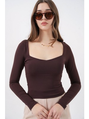 Trend Cojans Kare Yaka Slim Fit Bluz 986 - Kahverengi