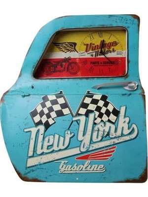 Elwes Dekoratif Newyork Temalı Mavi Araba Kapısı Saatli Duvar Rafı