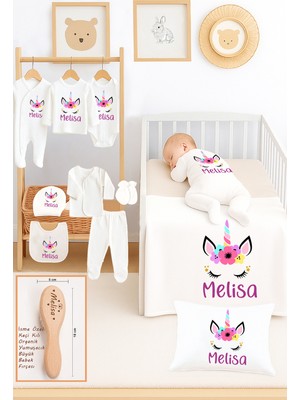 Sitilin Kız Bebek %100 Pamuk Unicorn Organik Isim Baskılı Yenidoğan Hastane Çıkışı Fırça Bebek Hediye Seti