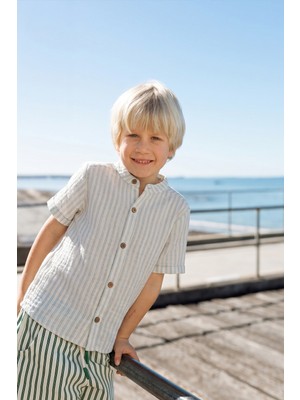 Cigit Organik Müslin Gömlek 2-10 Yaş Mavi Çift Çizgili