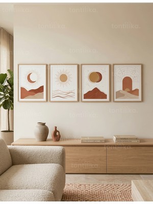 Tontilika Çöl Tonları Göksel Manzara 4’lü Ahşap Çerçeveli Tablo Seti