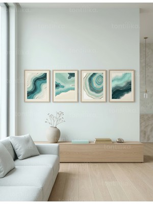 Tontilika Akıcı Soyut Akik Mermer Desenleri 4’lü Ahşap Çerçeveli Tablo Seti