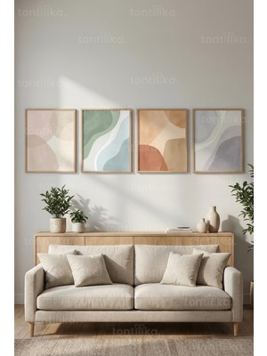 Tontilika Modern Soyut Pastel Formlar 4’lü Ahşap Çerçeveli Tablo Seti
