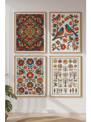 Tontilika Etnik Desenler ve Kuş Motifleri Dekoratif 4’lü Ahşap Çerçeveli Tablo Seti - Salon Dekor