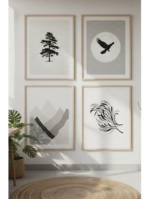 Tontilika Monokrom Doğa Siluetleri Dekoratif 4’lü Ahşap Çerçeveli Tablo Seti - Salon Dekor