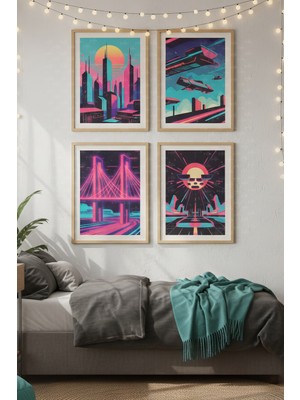 Tontilika Retro Gelecek 4’lü Ahşap Çerçeveli Tablo Seti - Modern Genç Odası Dekoru