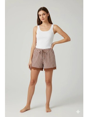 Die Grup Çizgili Penye Kadın Ev Şortu Bacak Dantel Detaylı Ev Giyim Kahverengi