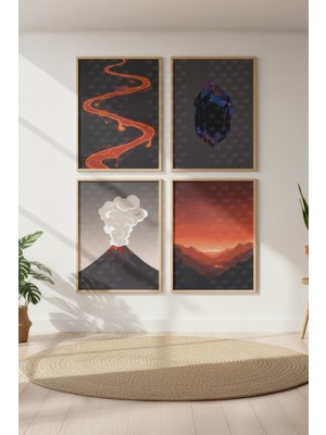 Tontilika Volkan Teması Dekoratif 4’lü Ahşap Çerçeveli Tablo Seti - Salon Dekor